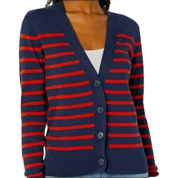 J. Crew Tops - J.crew Navy and Red Striped Women's Sweater Botton Yo